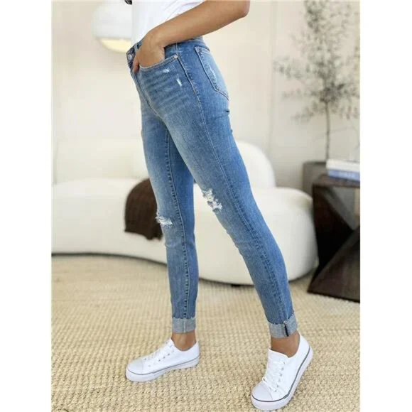 🔥 NWT Judy Blue Mid Rise Destroy & Cuff Skinny Jeans, Regular + Plus Sizes - Picture 7 of 9